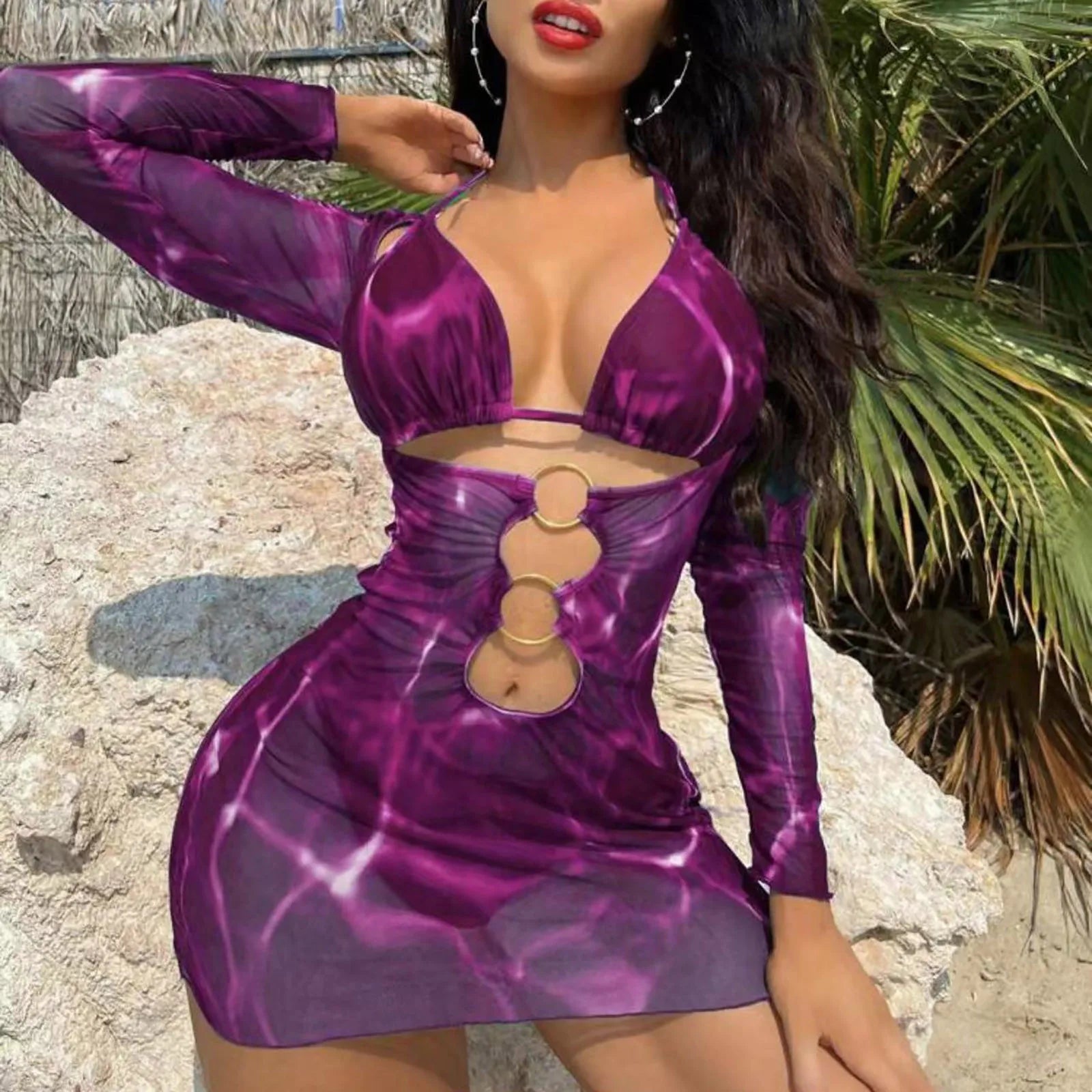 Sexy Print Hollow Out Women's 3 Pcs Cover Dress & Bikini Set